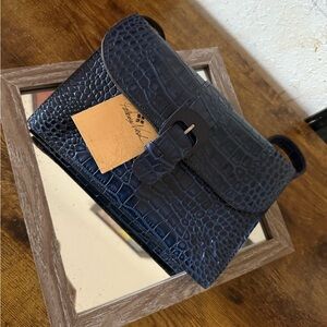 Patricia Nash Distressed Vintage Navy Crocodile Embossed Bag